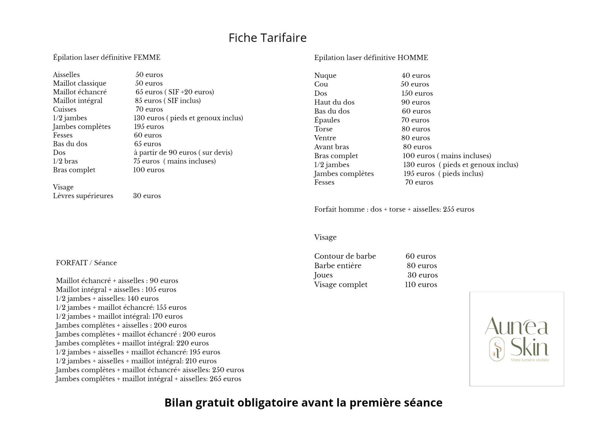 Grille tarifaire épilation laser femme et homme — cliquer pour télécharger